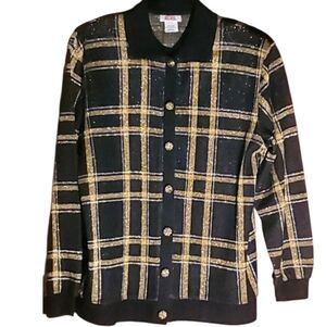 Vintage E B Metallic Black Gold Silver Holiday Cardigan Size Medium